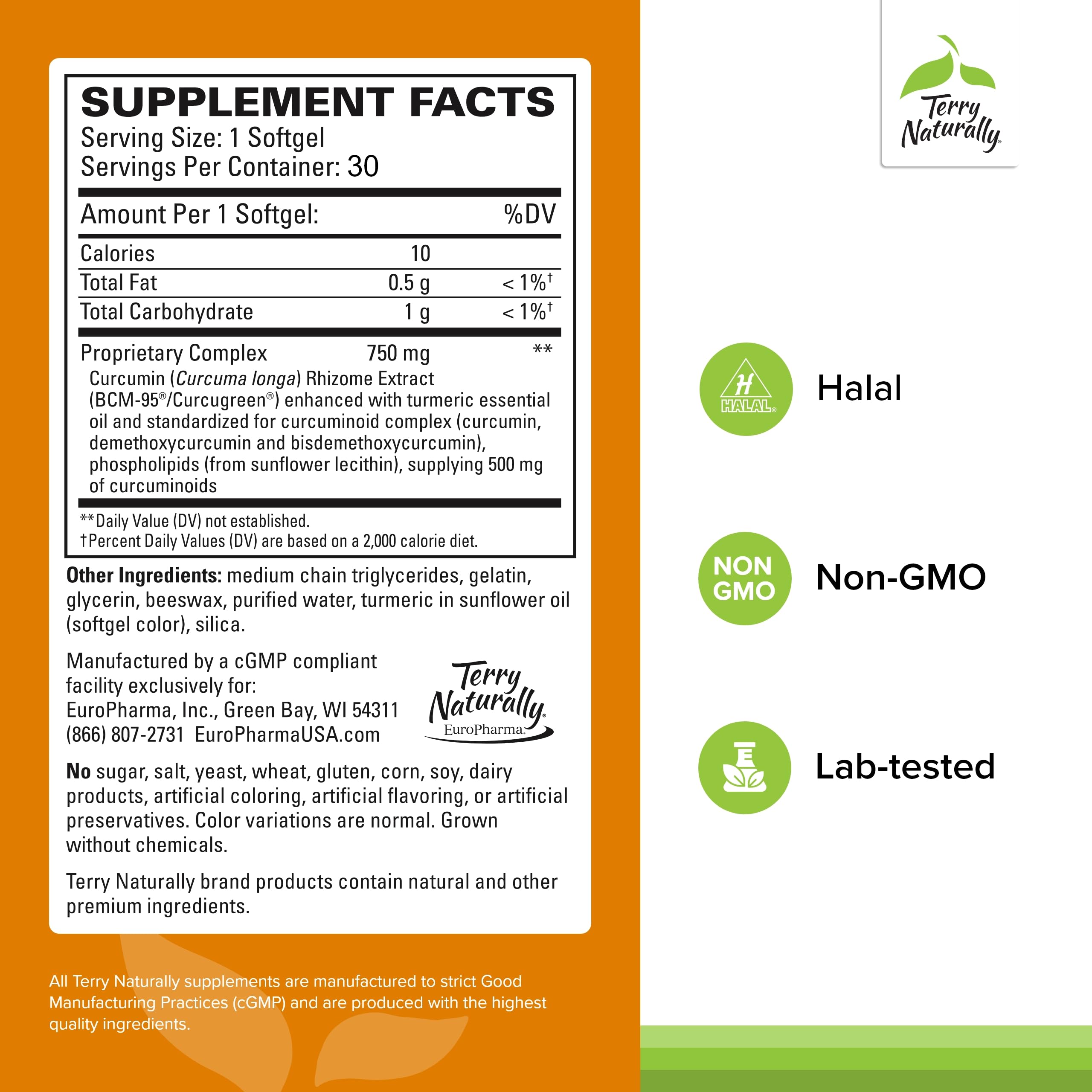 Front view of Terry Naturally CuraMed 750mg bottle for convenient daily curcumin intake.