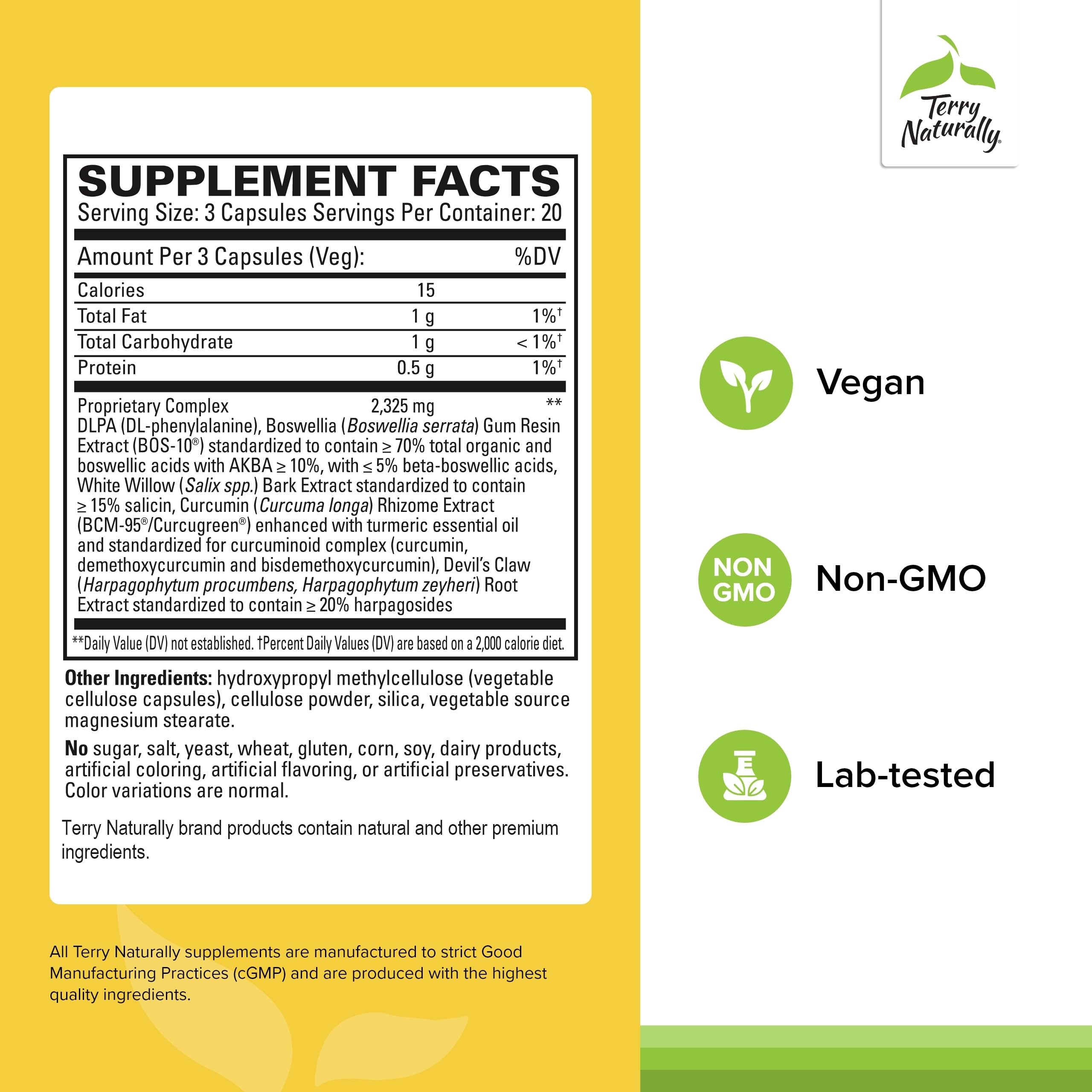 Close-up of Terry Naturally Curamin capsules highlighting ingredients for relief support.
