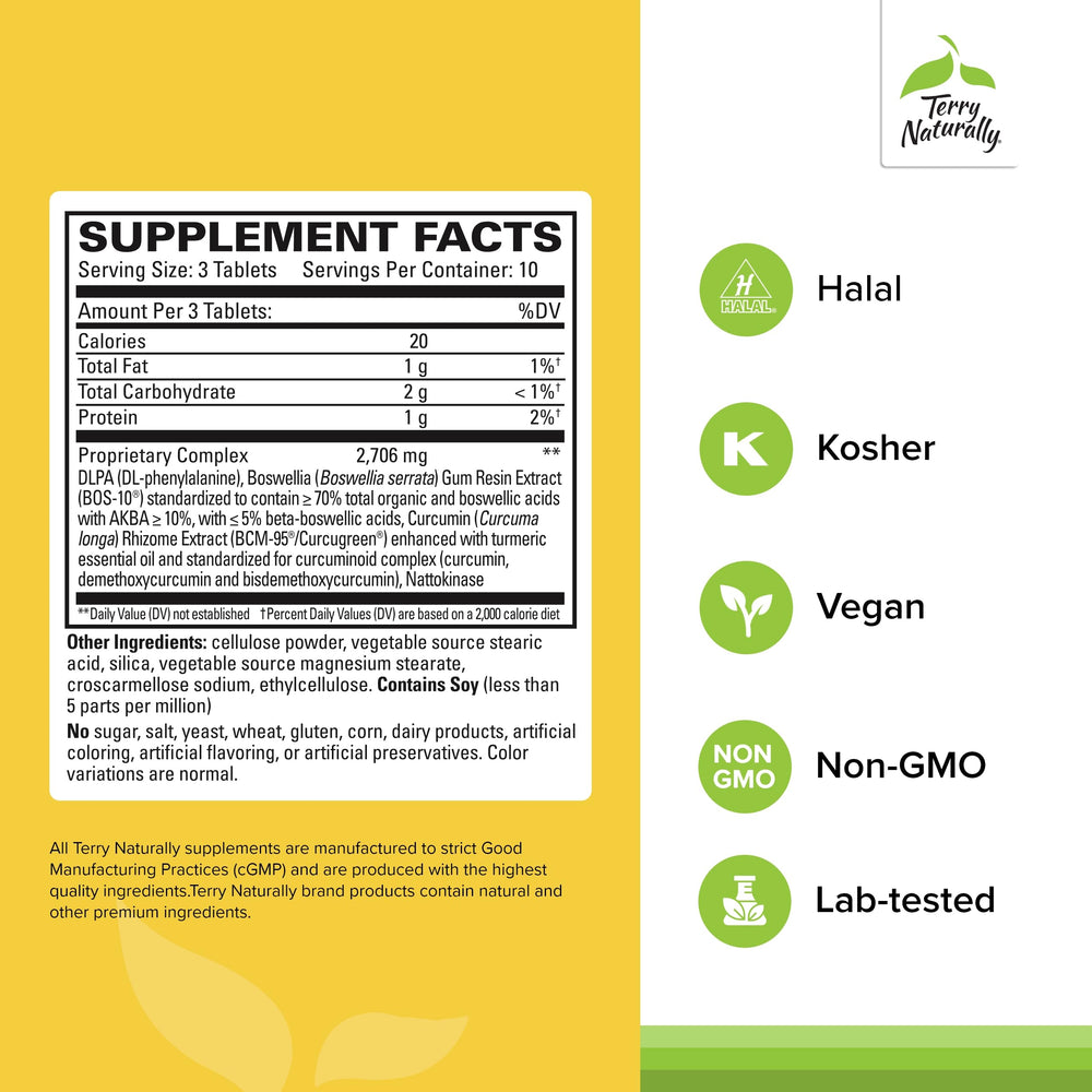 Terry Naturally Curamin Extra Strength bottle back with BCM-95 curcumin and nattokinase details for circulation.