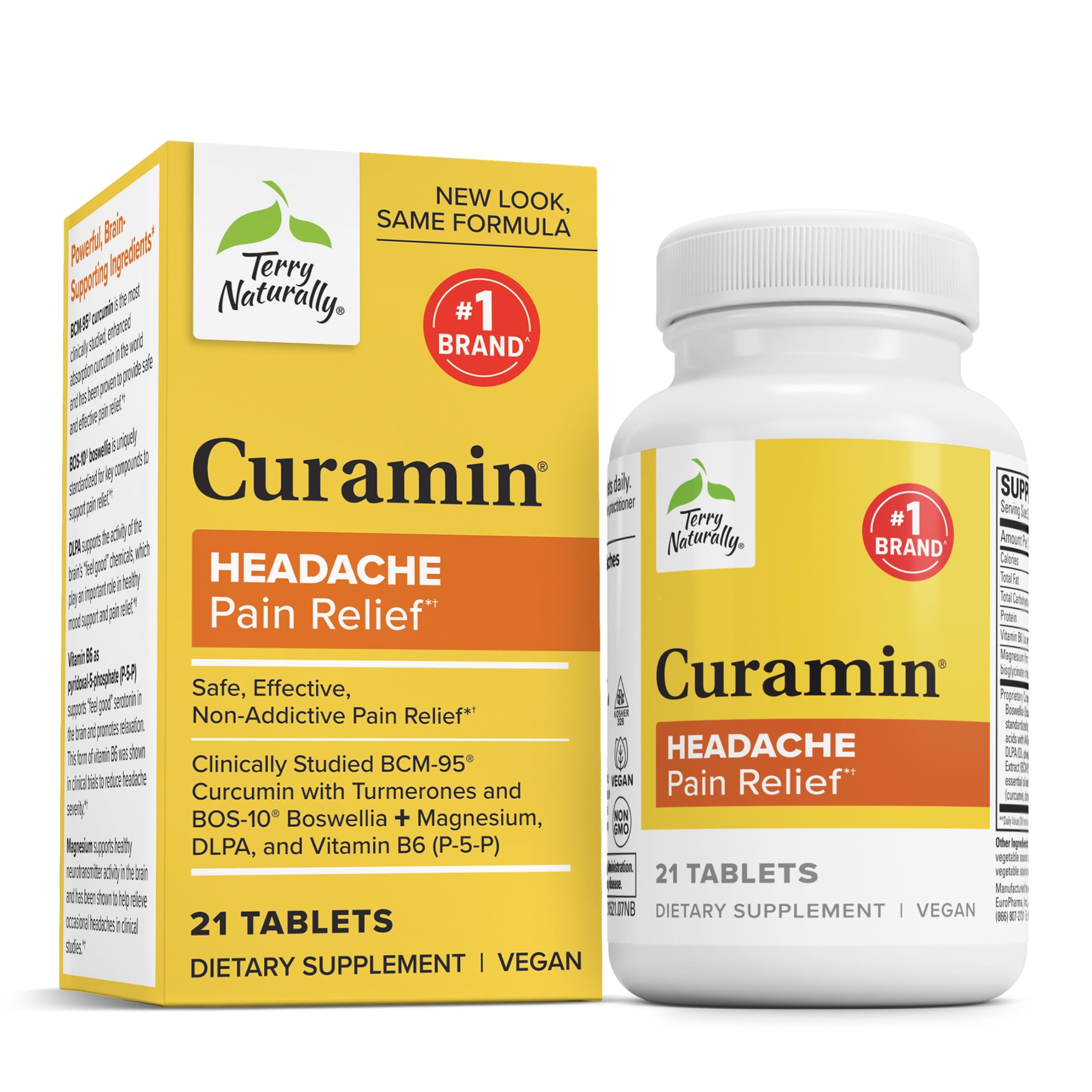 Terry Naturally Curamin Headache bottle front shows a formula to support occasional fatigue-related headaches.