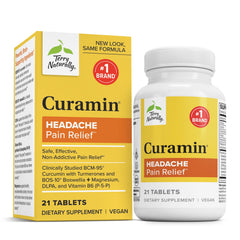 Terry Naturally Curamin Headache bottle front shows a formula to support occasional fatigue-related headaches.