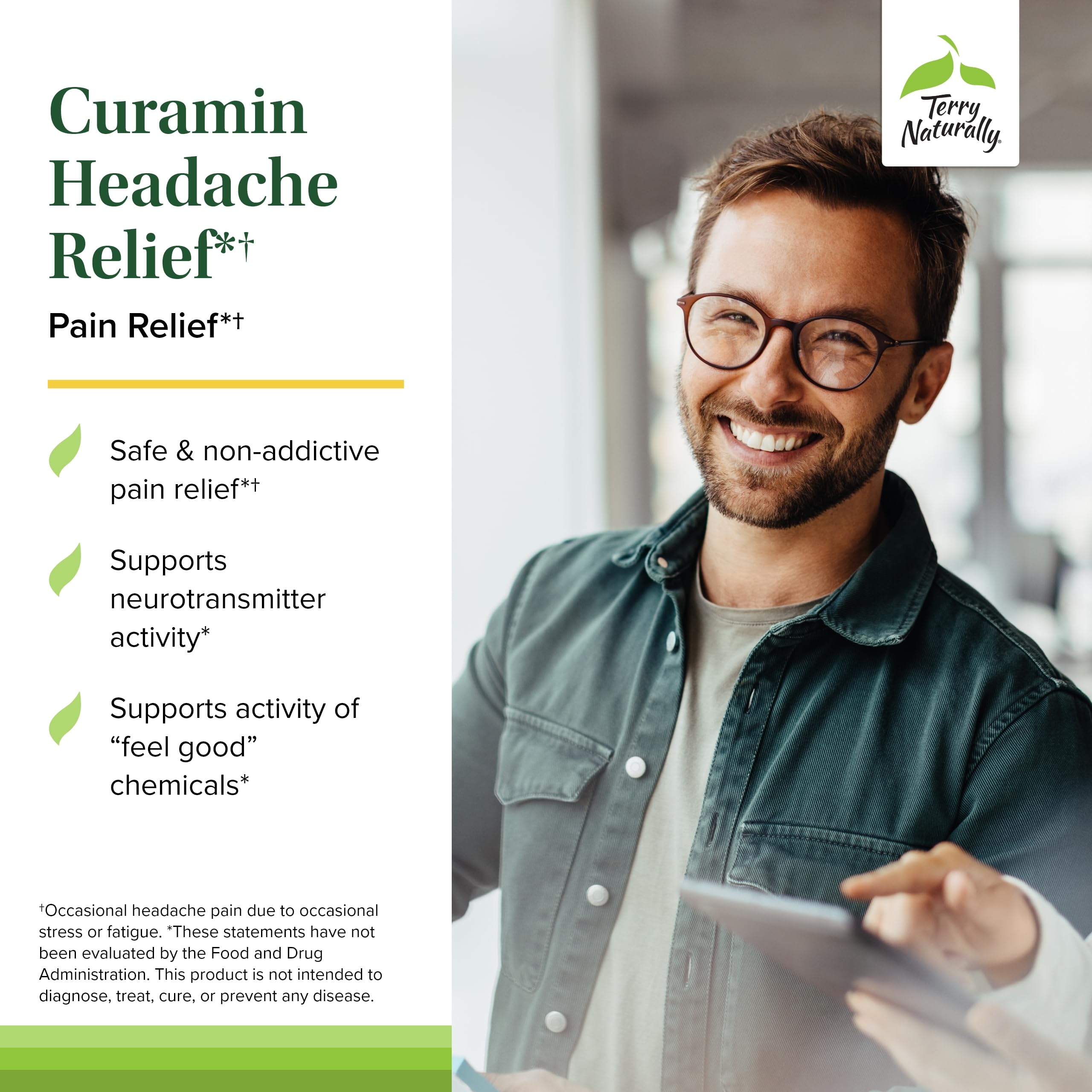 Terry Naturally Curamin Headache tablets arranged to illustrate DLPA and relaxation support.