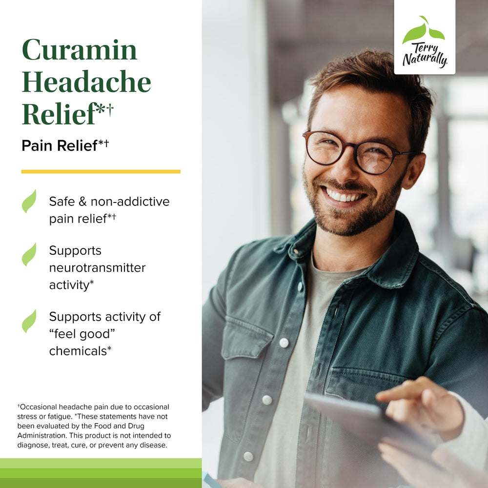 Terry Naturally Curamin Headache tablets arranged to illustrate DLPA and relaxation support.