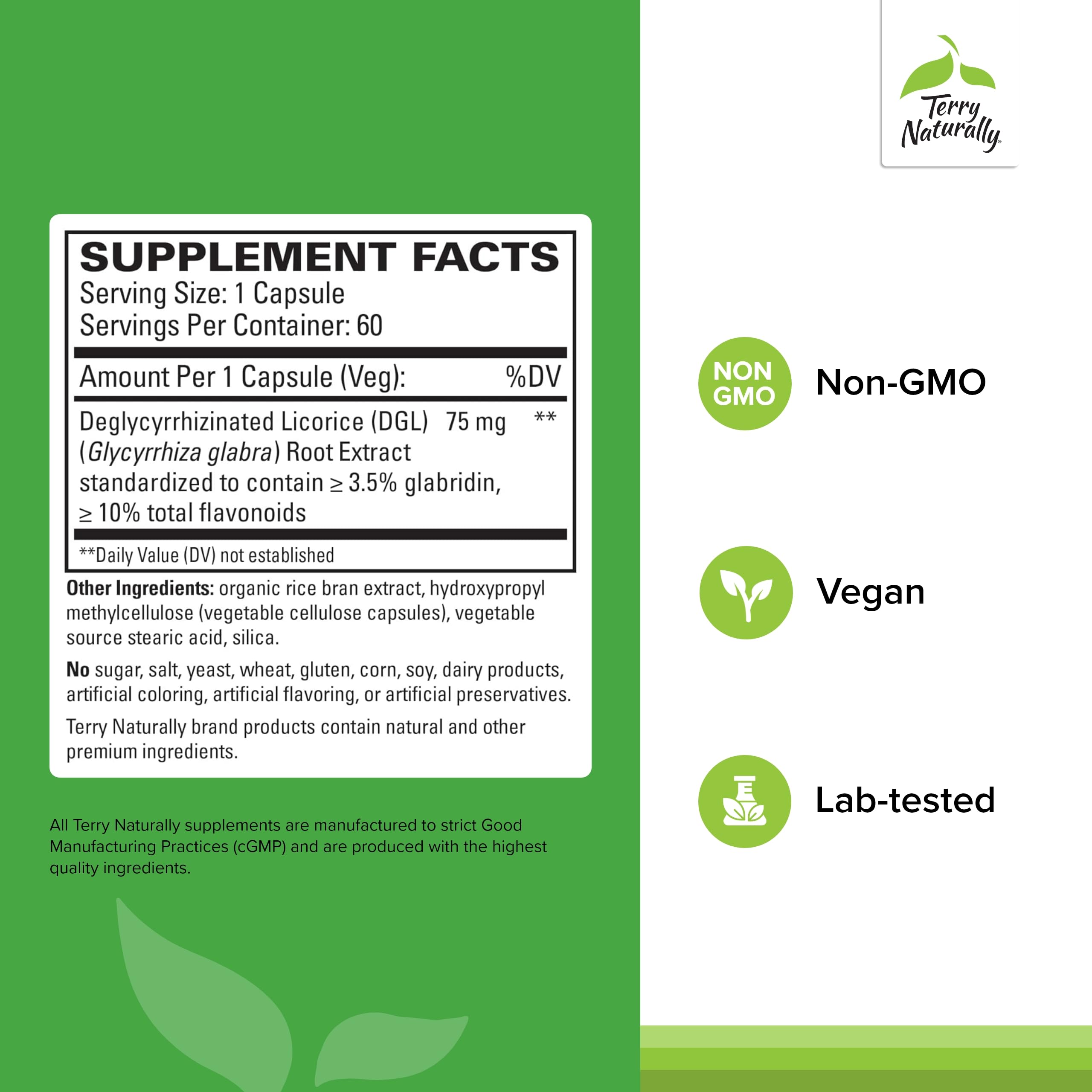 Terry Naturally DGL capsules closeup showing a dosage-friendly presentation for daily digestion.