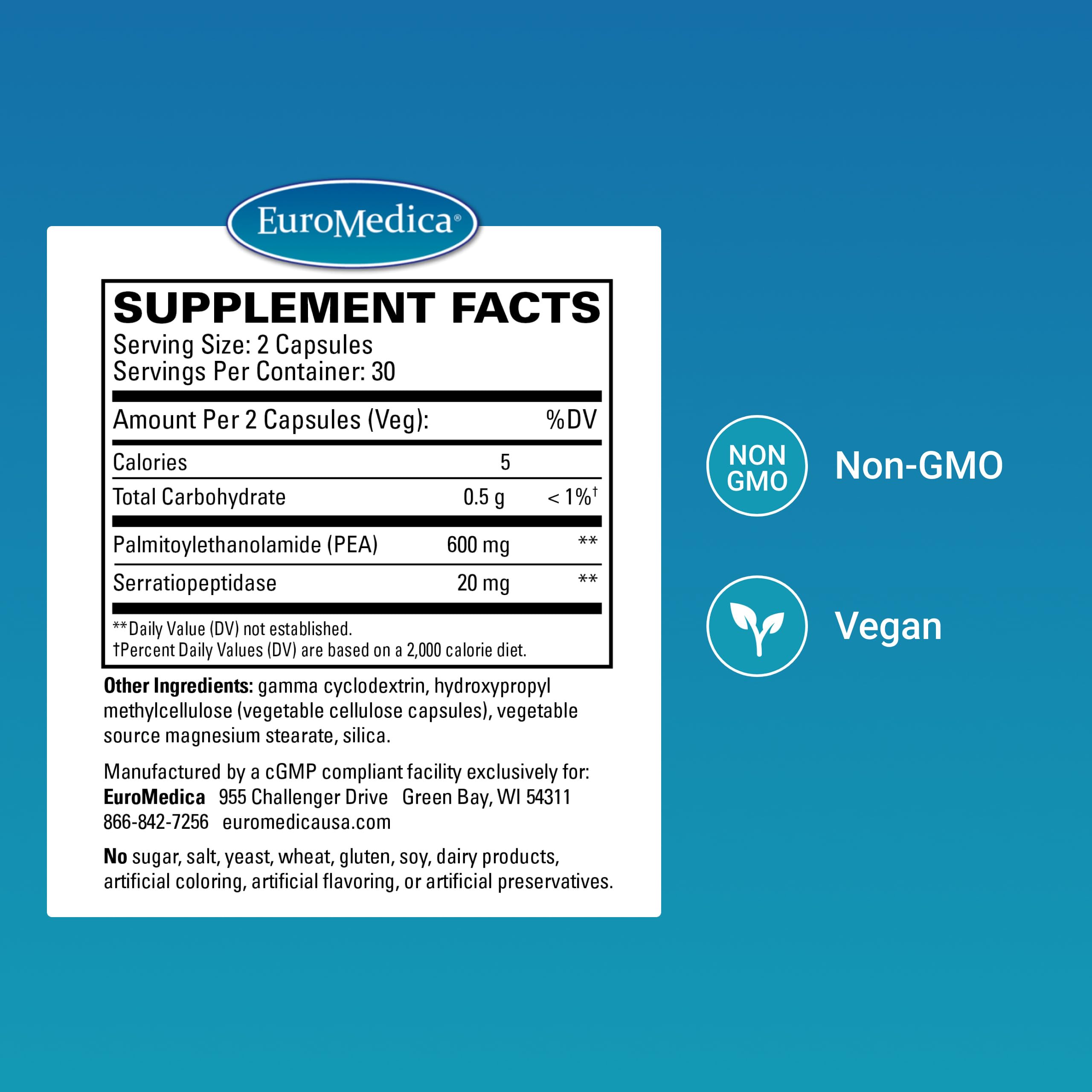 Close-up of EuroMedica PEA capsules designed for flexible joints and daily activity.