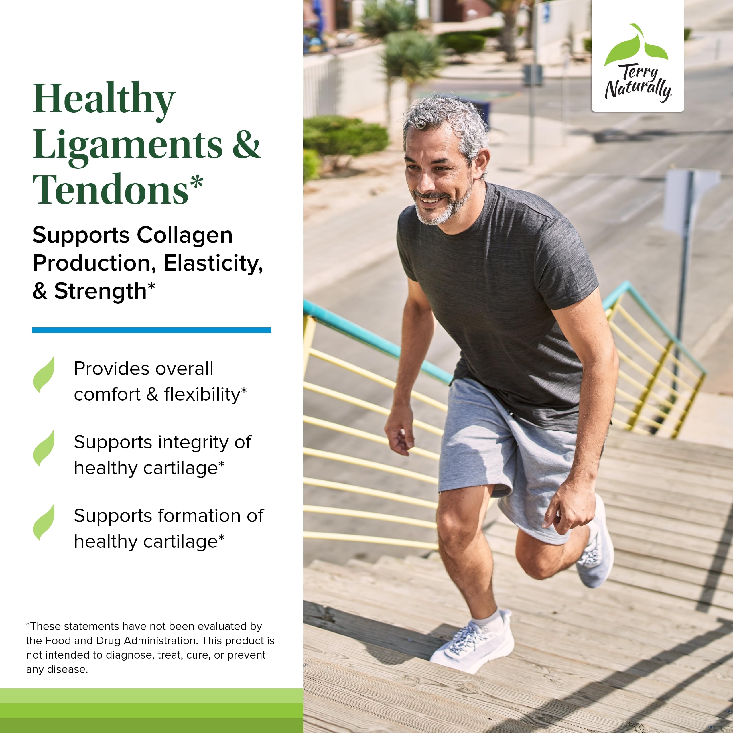 Terry Naturally Healthy Ligaments & Tendons label highlights non-GMO vegan formula.