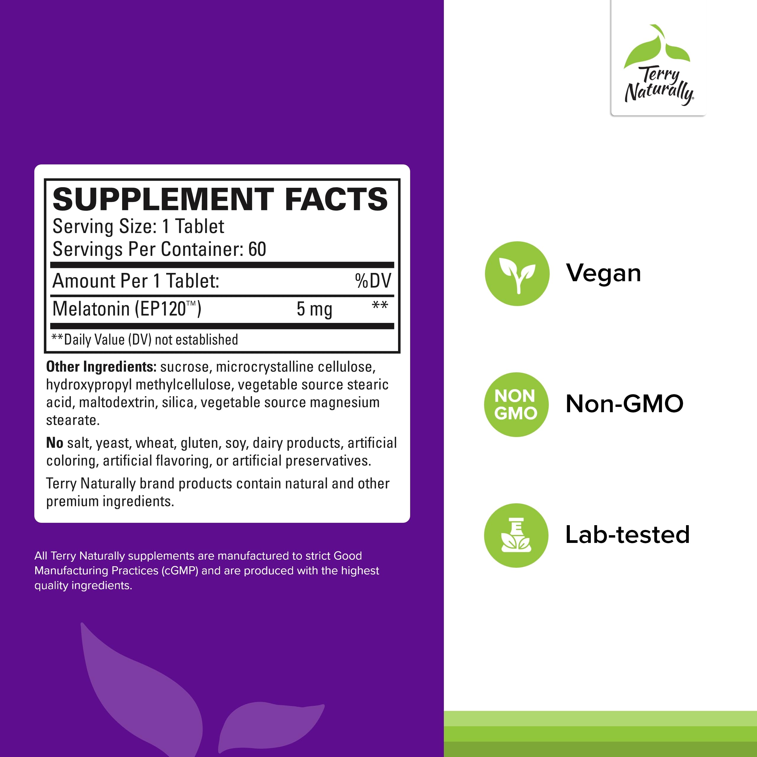 Melatonin EP 5mg tablets close-up for sleep support by Terry Naturally.