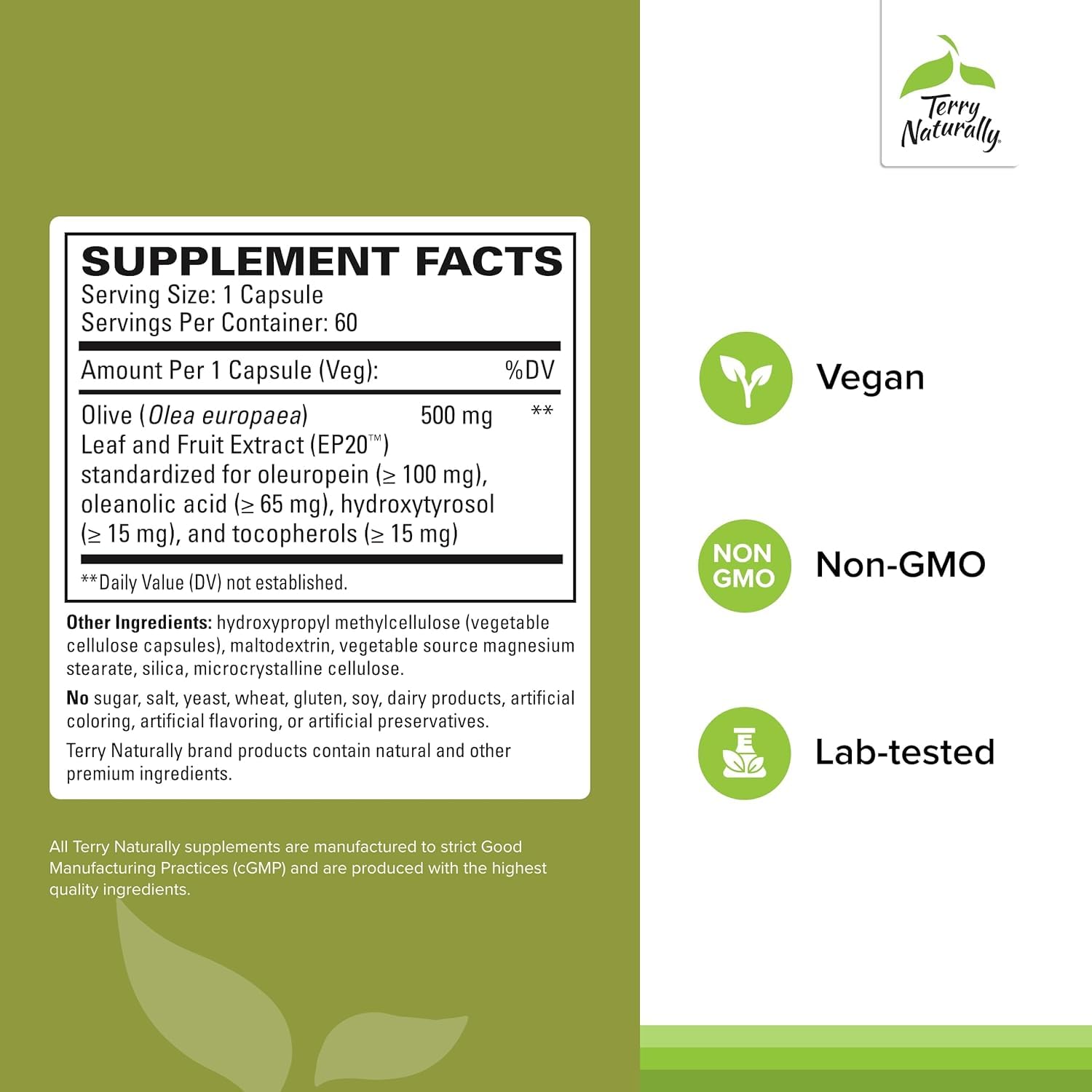 Terry Naturally Olive Extract EP20 capsules closeup for daily immune and heart health