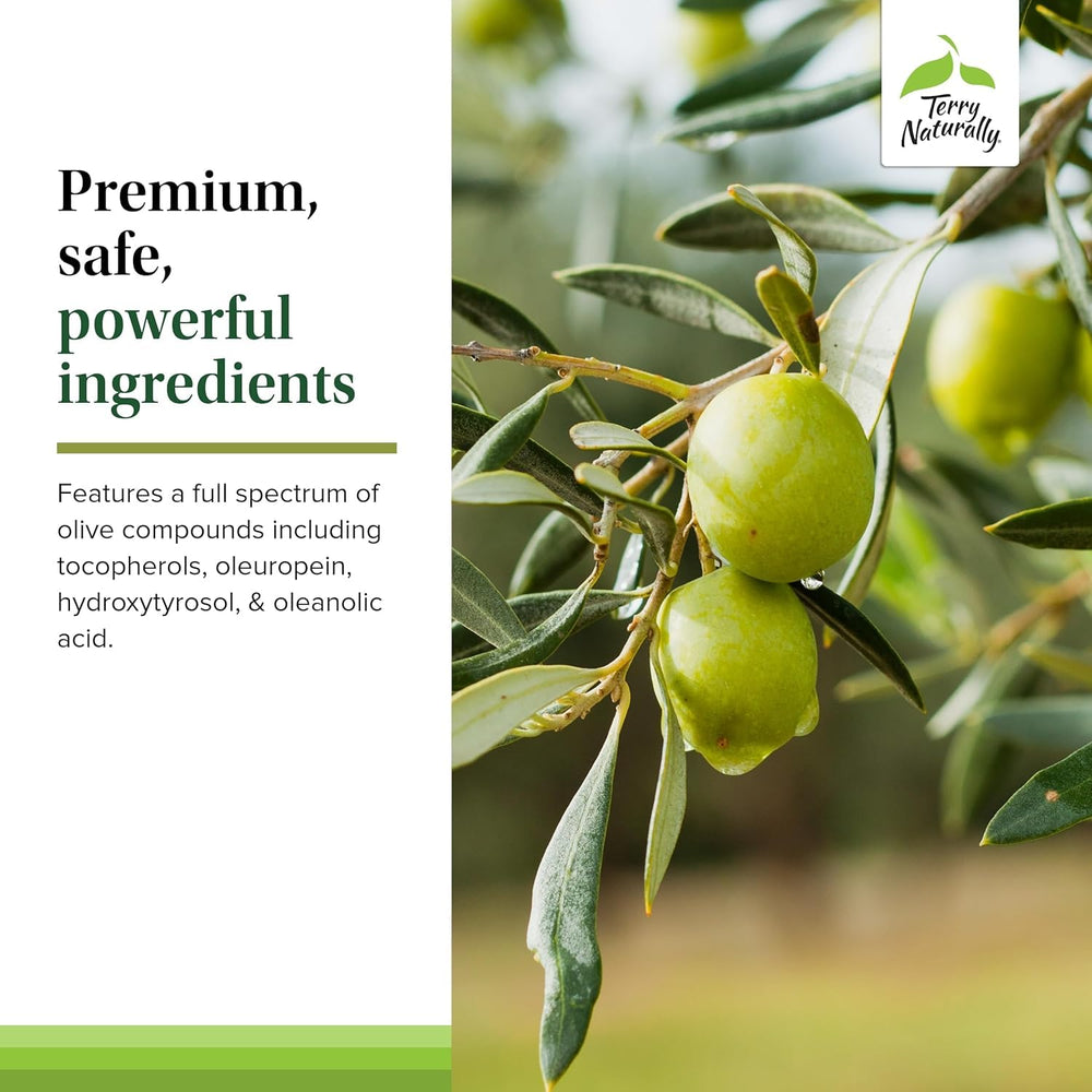 Terry Naturally Olive Extract EP20 packaging and capsules set for wellness