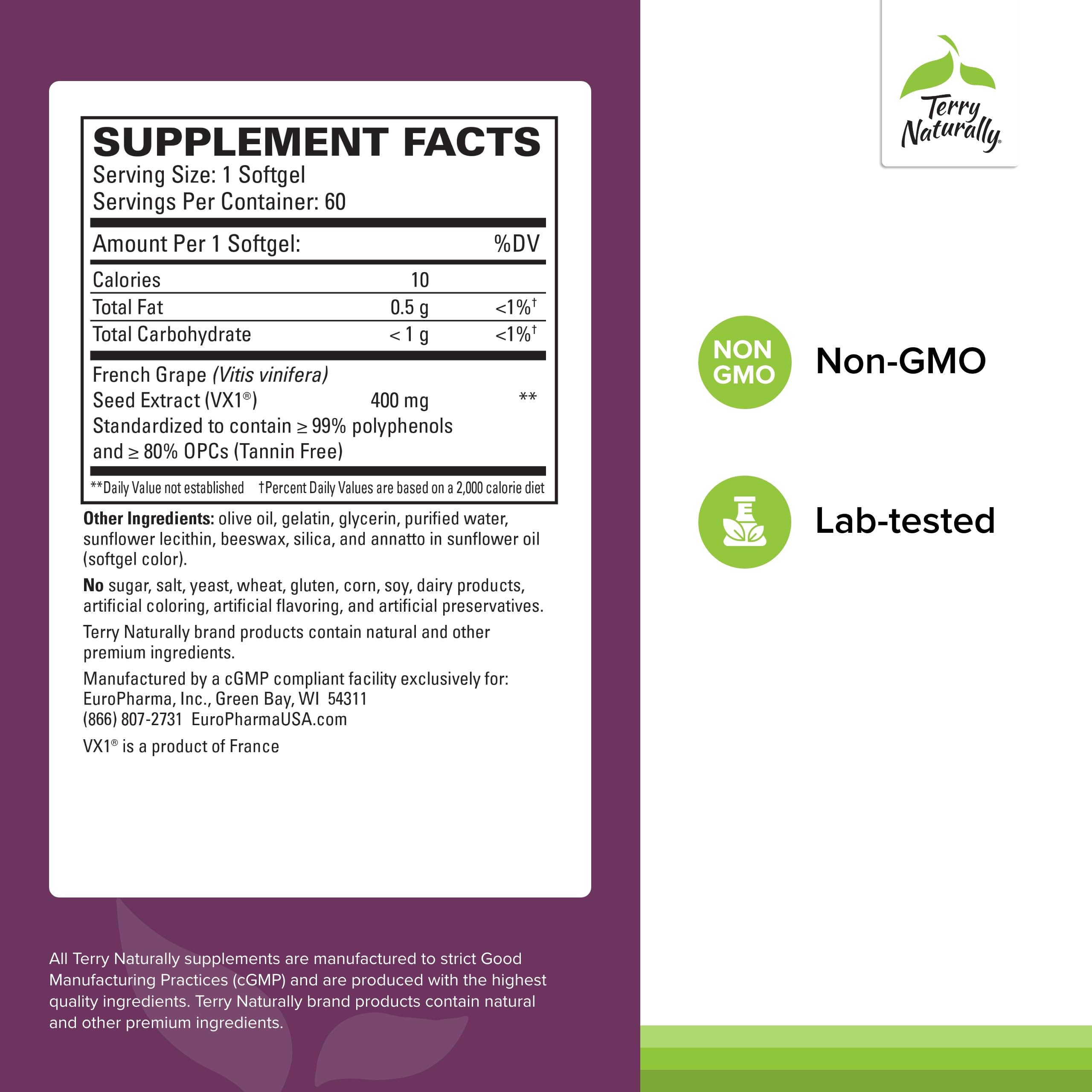 Terry Naturally OPC Extra Strength bottle back label with dosage guidance for daily antioxidant support