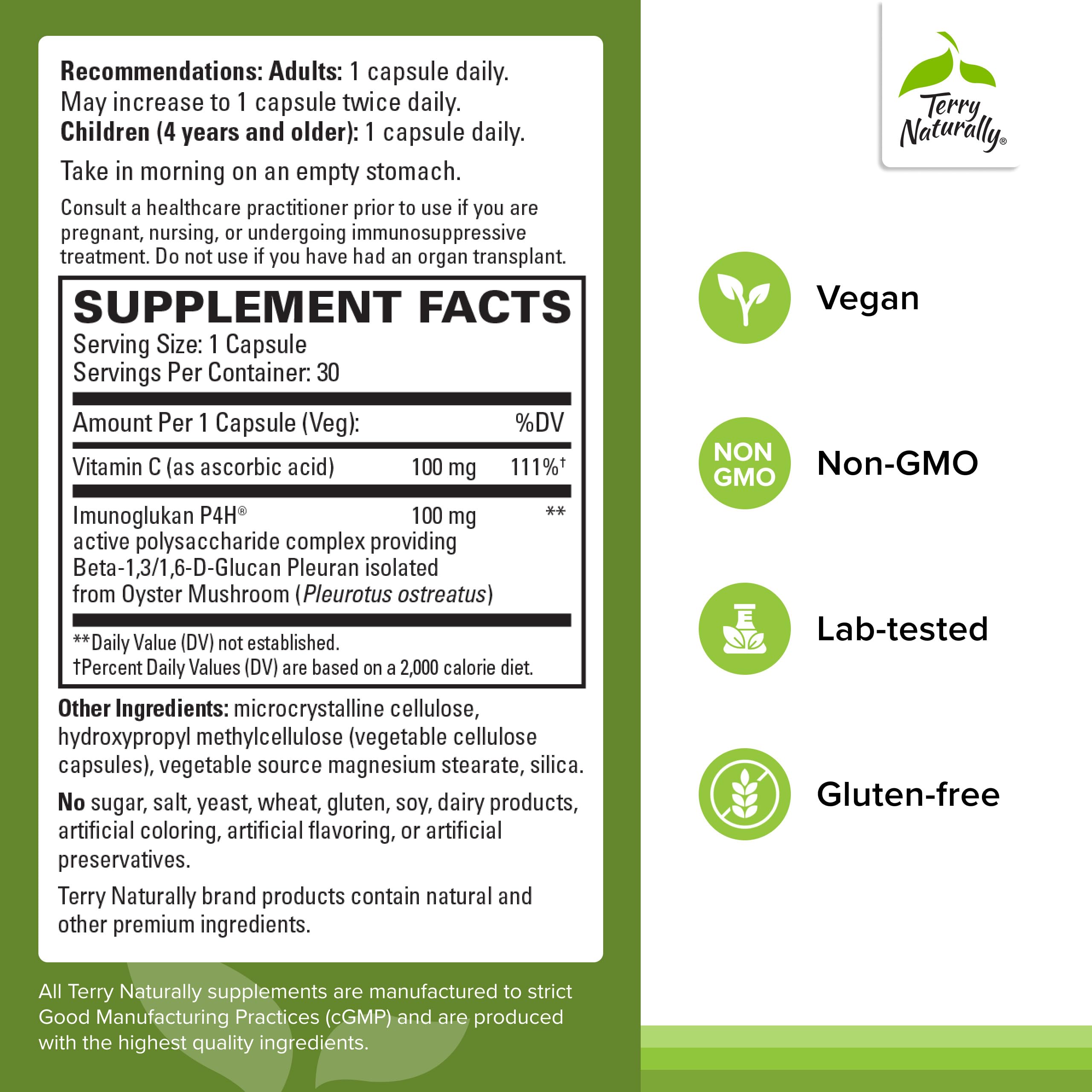 Terry Naturally PleuraMax bottle back with supplement facts and vitamin C.