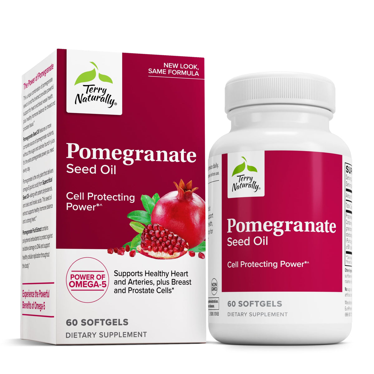 Terry Naturally Pomegranate Seed Oil bottle highlighting heart health support.