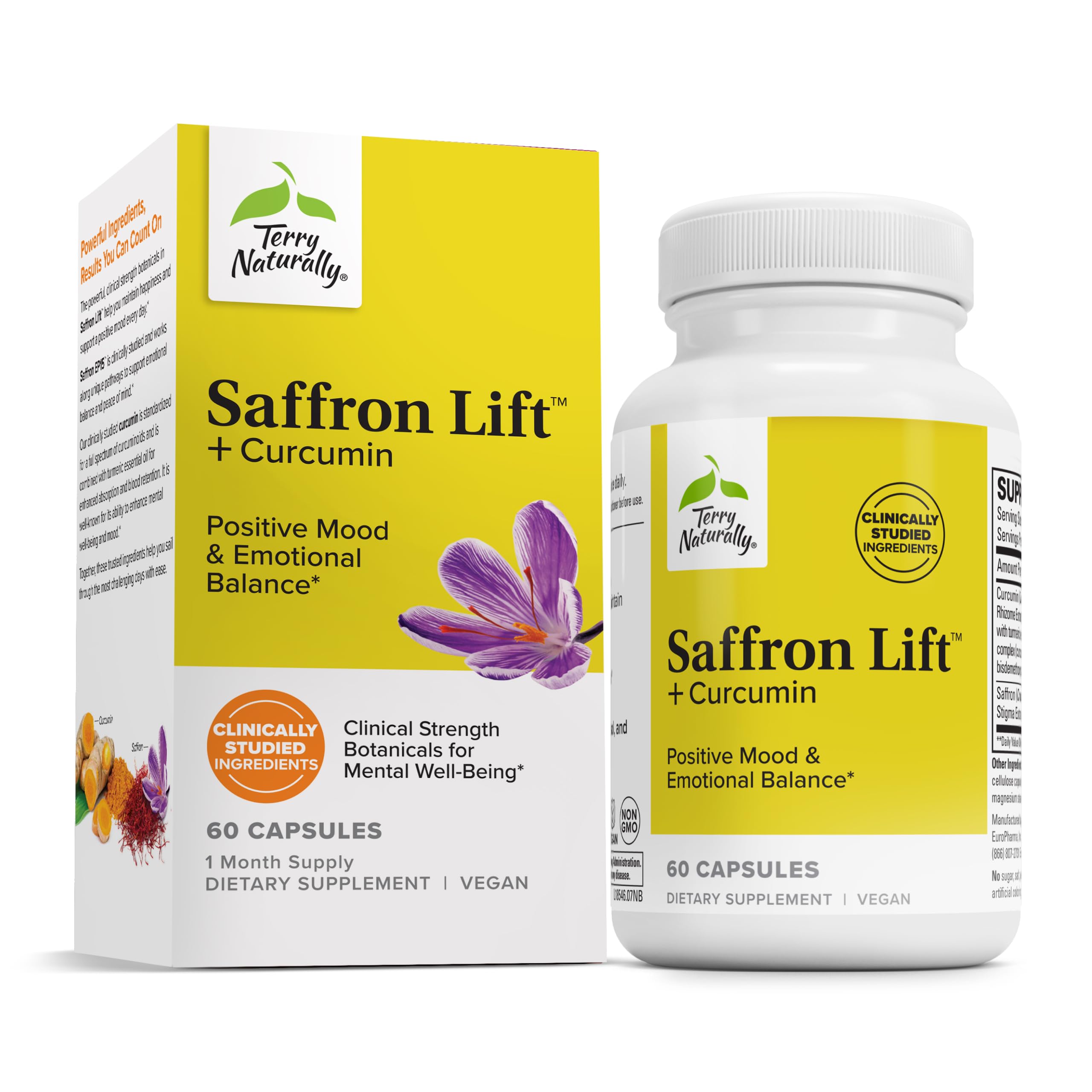 Terry Naturally Saffron Lift + Curcumin bottle on desk showing calm focus.