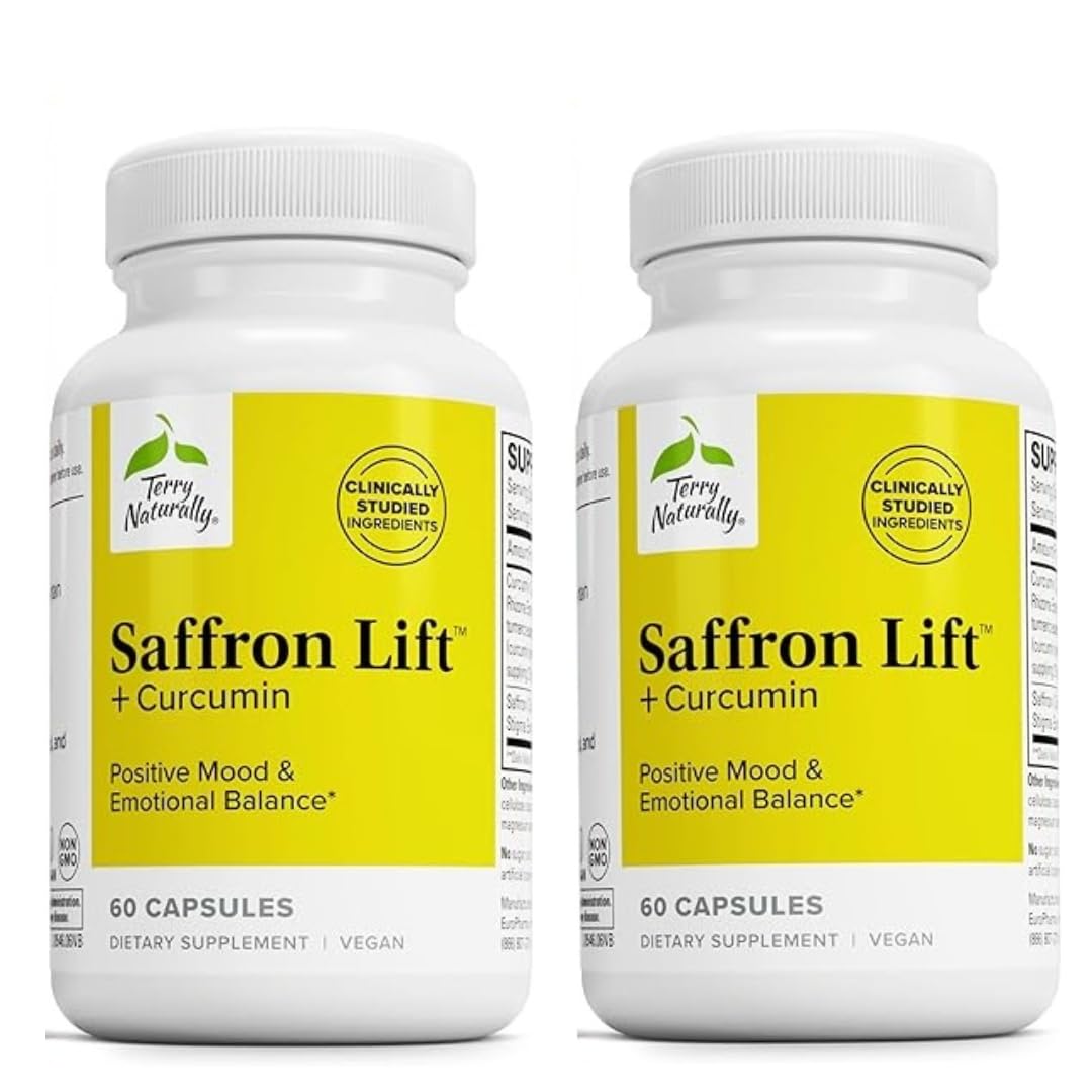 Terry Naturally Saffron Lift Curcumin bottle with capsules for focus and relaxed calm.
