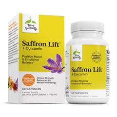 Terry Naturally Saffron Lift + Curcumin bottle on desk showing calm focus.