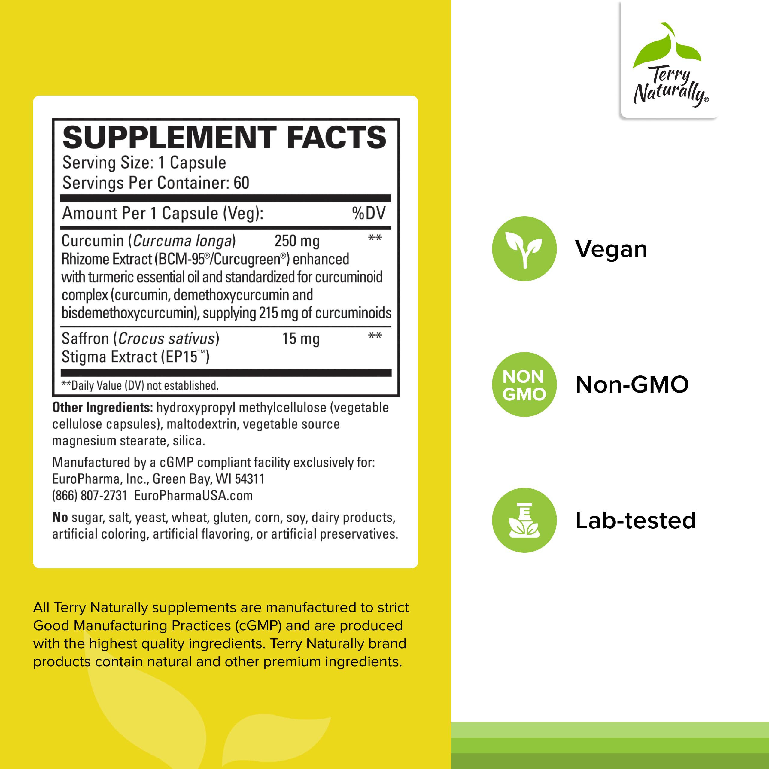 Terry Naturally Saffron Lift + Curcumin capsules close-up highlighting non-GMO formula.
