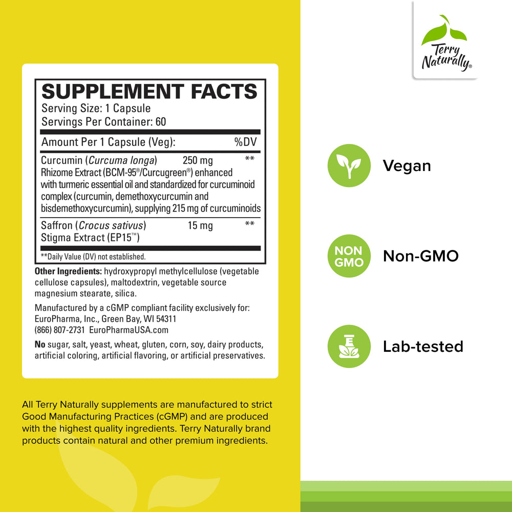 Terry Naturally Saffron Lift + Curcumin capsules close-up highlighting non-GMO formula.