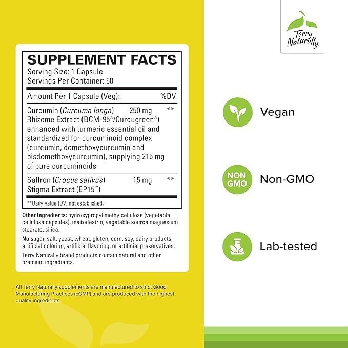Terry Naturally Saffron Lift Curcumin capsules support focus and calm.
