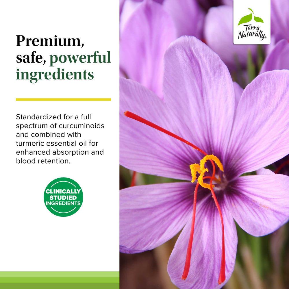 Terry Naturally Saffron Lift + Curcumin on desk promotes focus and calm routine.