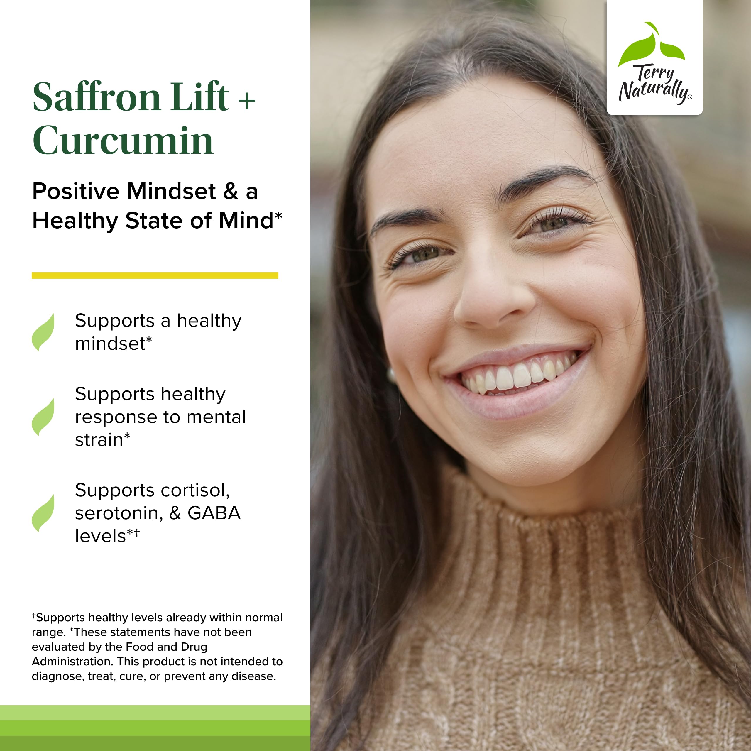 Bottle label close-up for Terry Naturally Saffron Lift + Curcumin emphasizing full-spectrum curcuminoids.