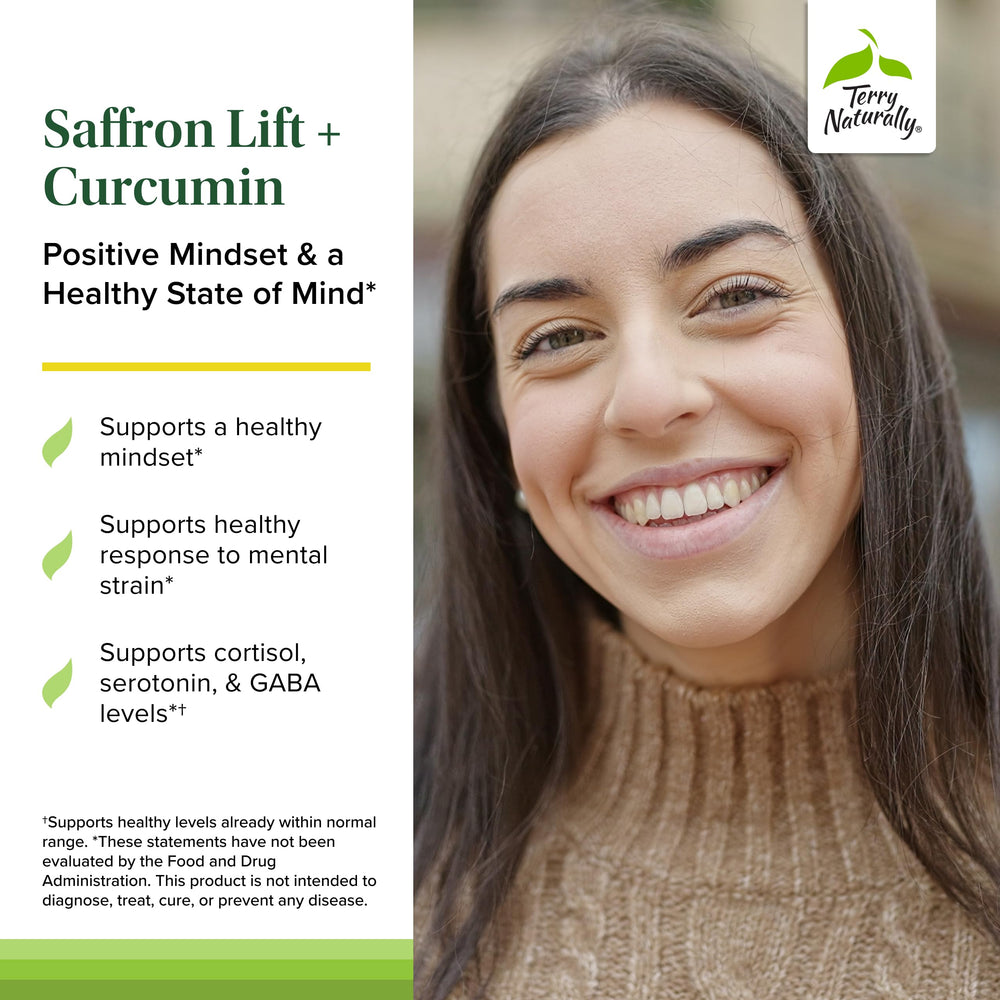 Bottle label close-up for Terry Naturally Saffron Lift + Curcumin emphasizing full-spectrum curcuminoids.