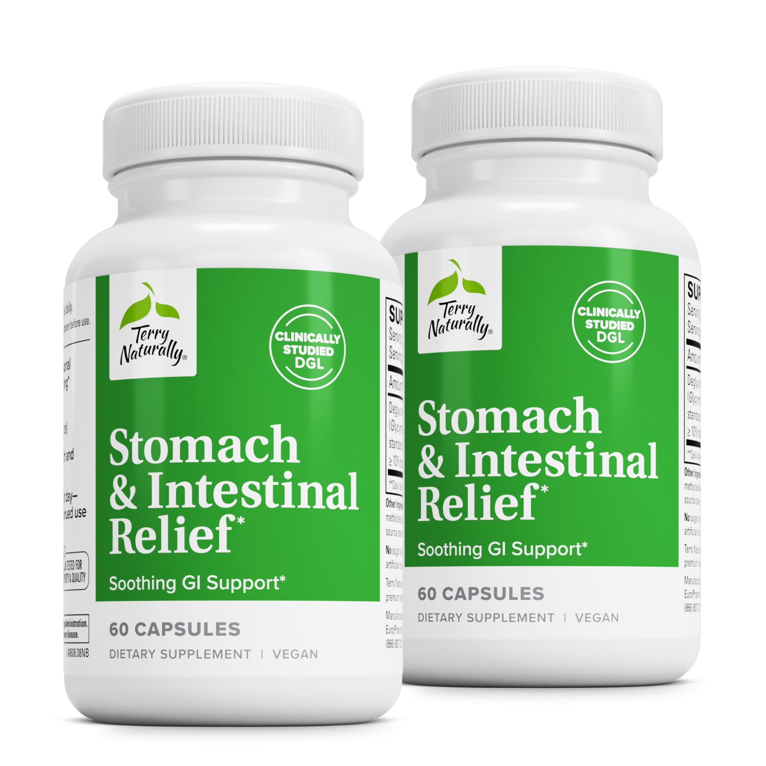 Terry Naturally Stomach Intestinal Relief bottle highlights gentle digestive support for occasional discomfort.