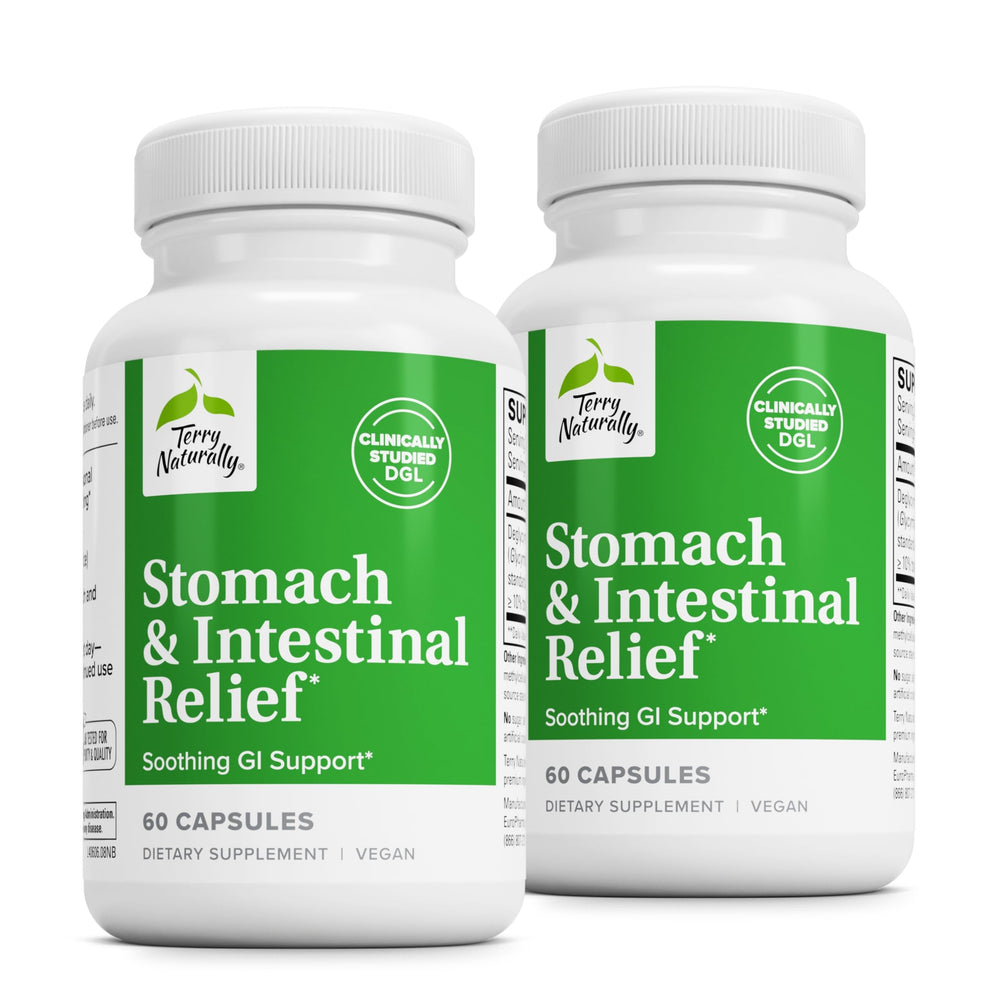 Terry Naturally Stomach Intestinal Relief bottle highlights gentle digestive support for occasional discomfort.