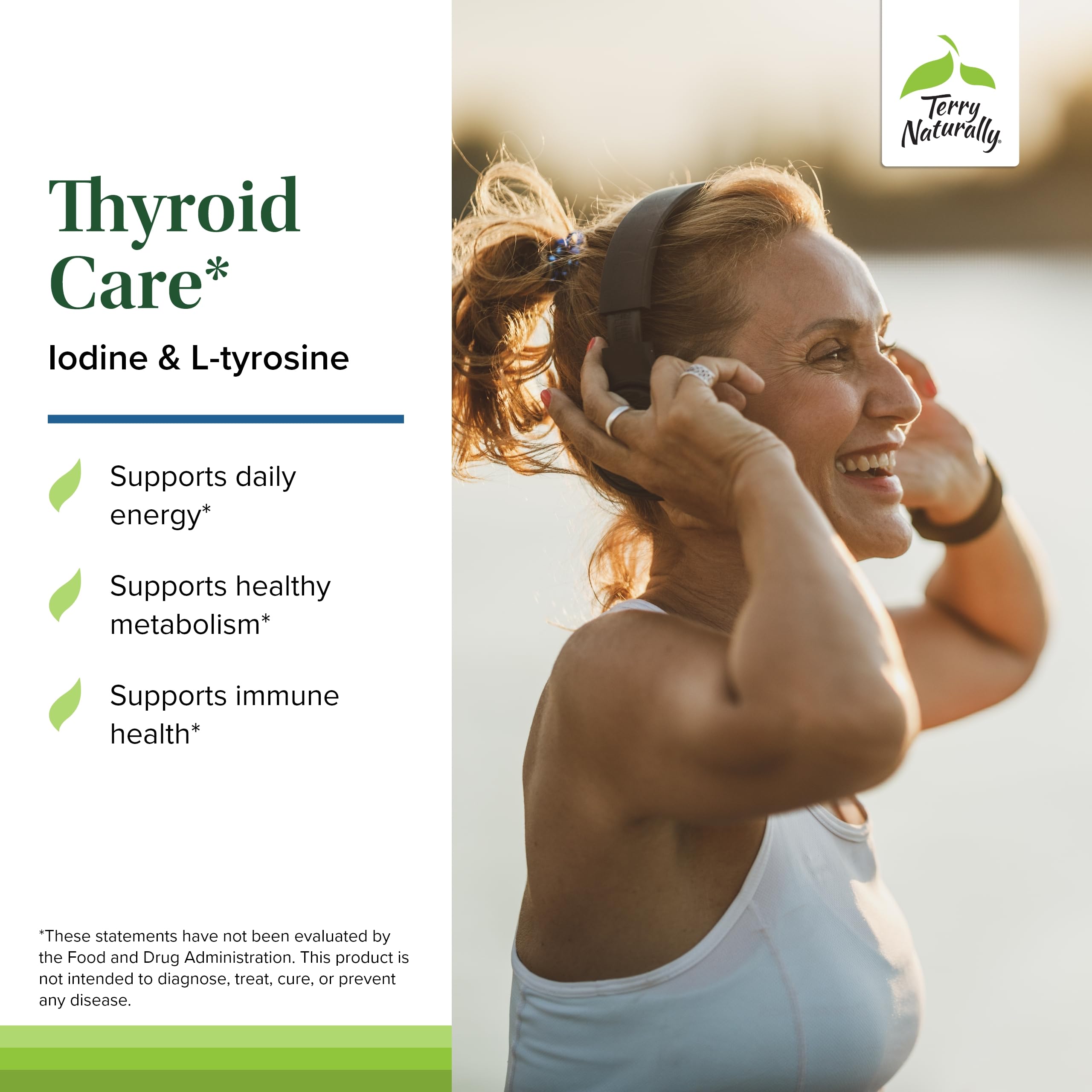 Terry Naturally Thyroid Care capsules image emphasizes L-Tyrosine for energy support