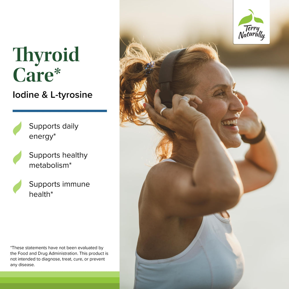 Terry Naturally Thyroid Care capsules image emphasizes L-Tyrosine for energy support