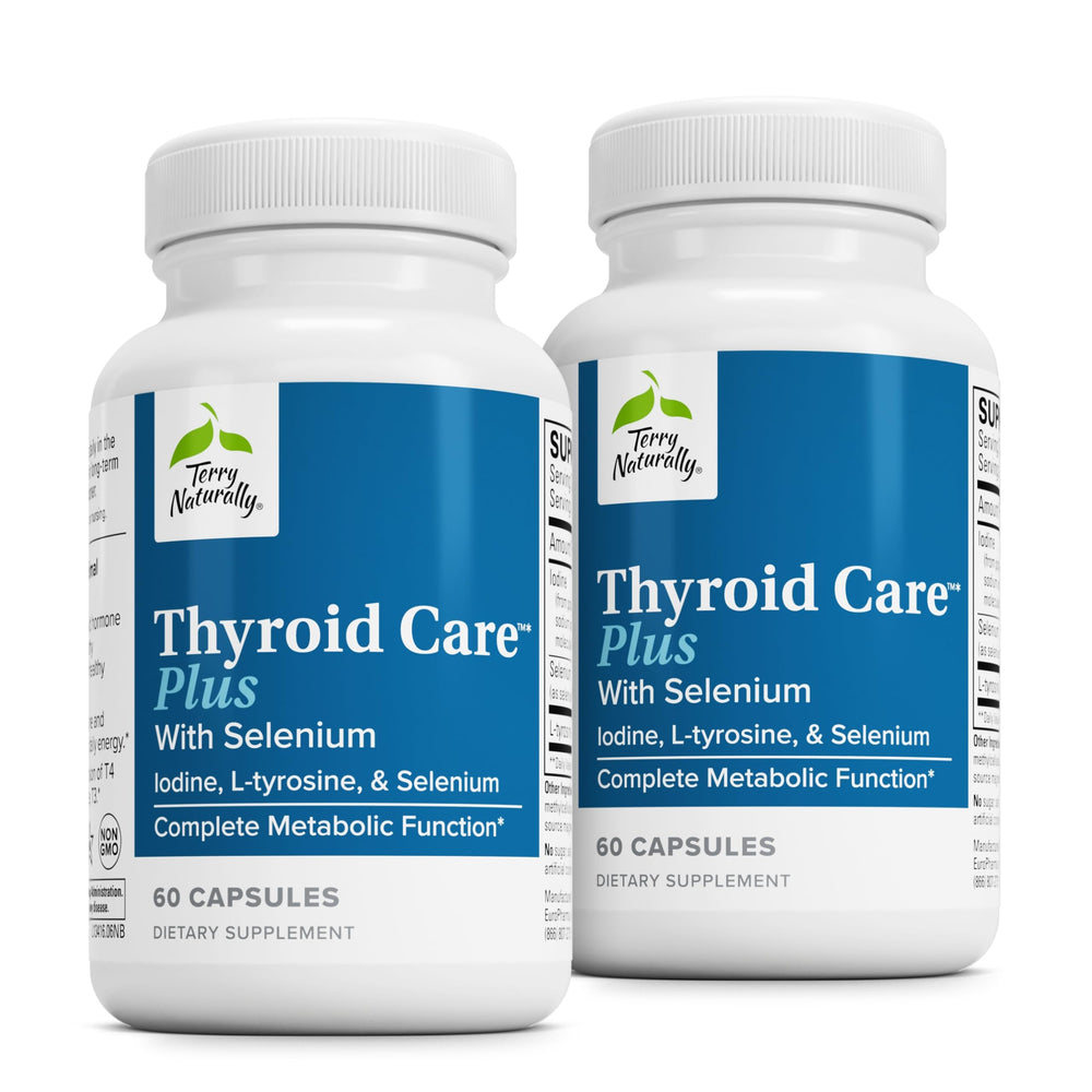 Terry Naturally Thyroid Care Plus bottle and capsules for daily thyroid support.