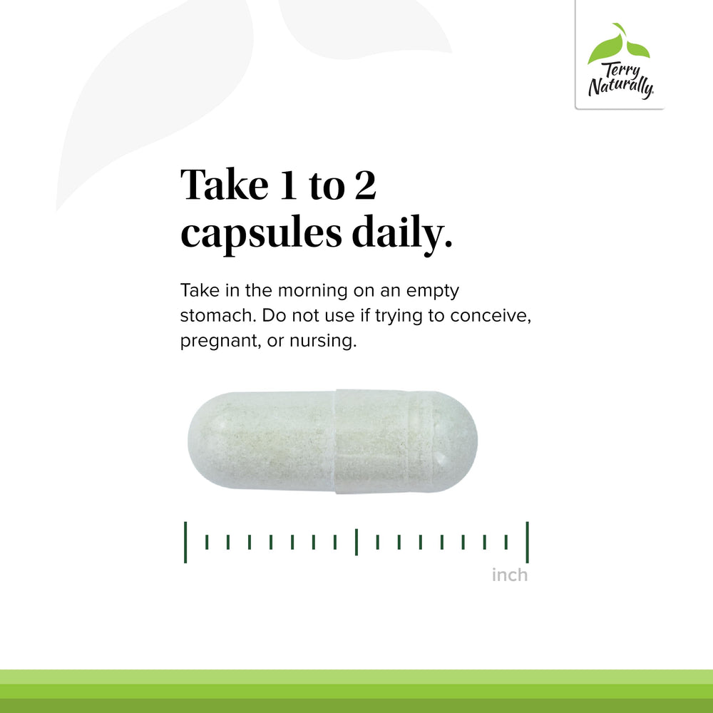 Terry Naturally packaging with dosage guidance for morning, empty-stomach use.