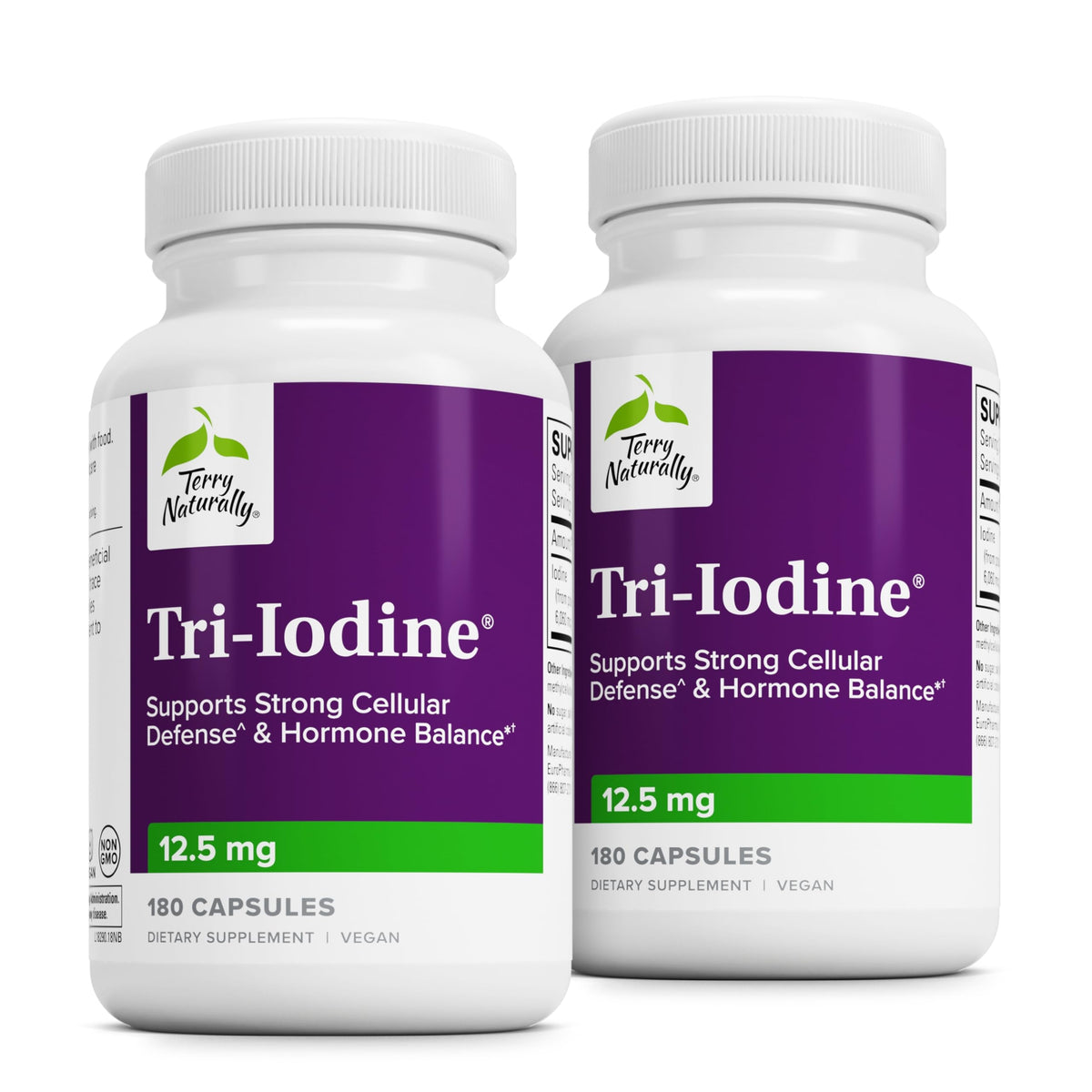 Terry Naturally Tri-Iodine bottle pour showing easy daily capsule use for thyroid support