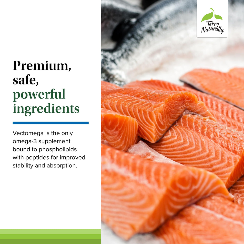 Terry Naturally Vectomega label highlights allergen-free ingredients and no artificial additives.