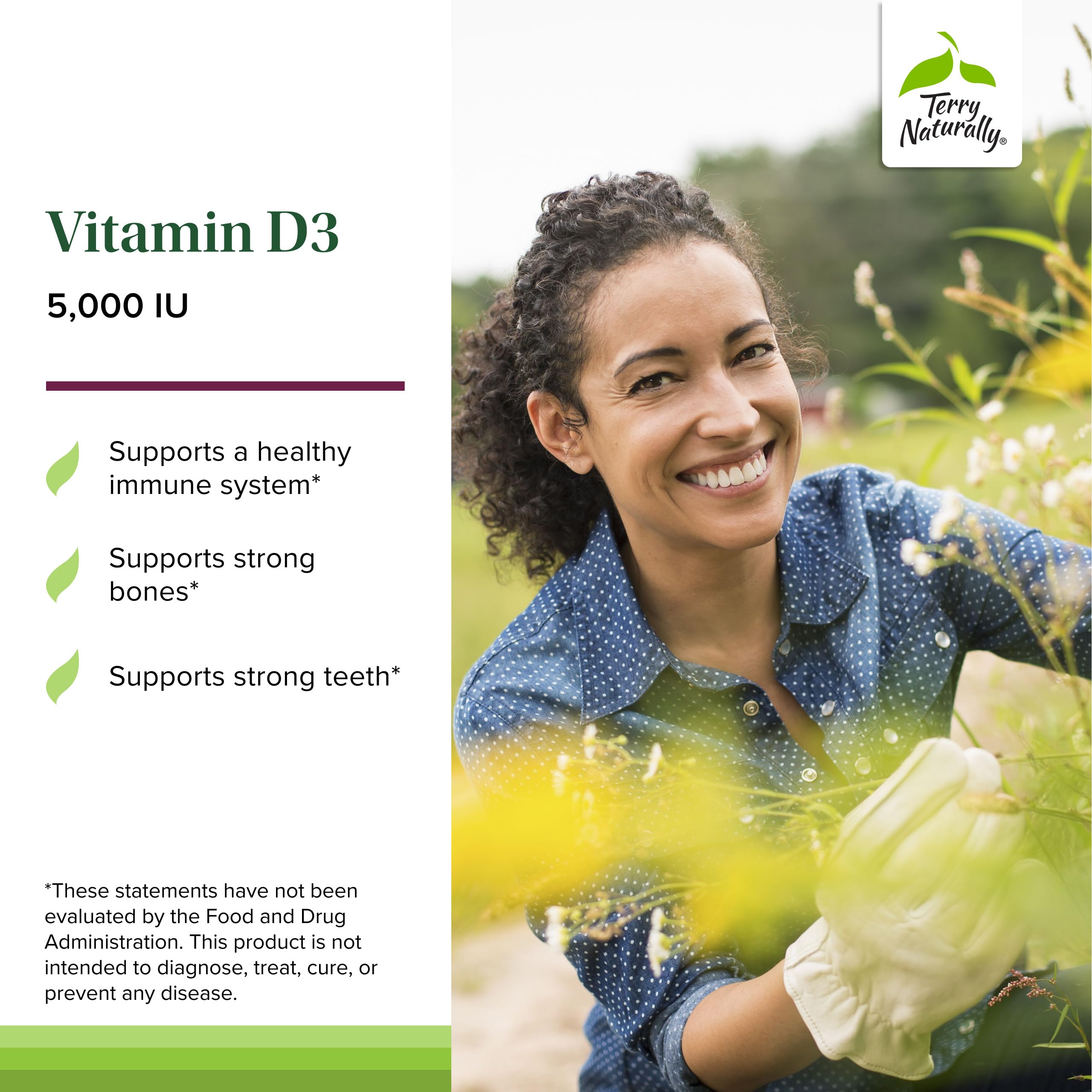 Bottle label of Terry Naturally Vitamin D3 highlighting 5000 IU dosage for brain health.