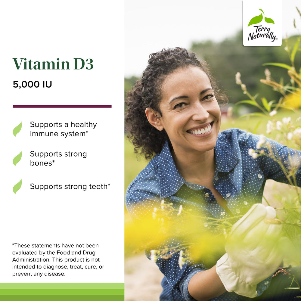 Bottle label of Terry Naturally Vitamin D3 highlighting 5000 IU dosage for brain health.