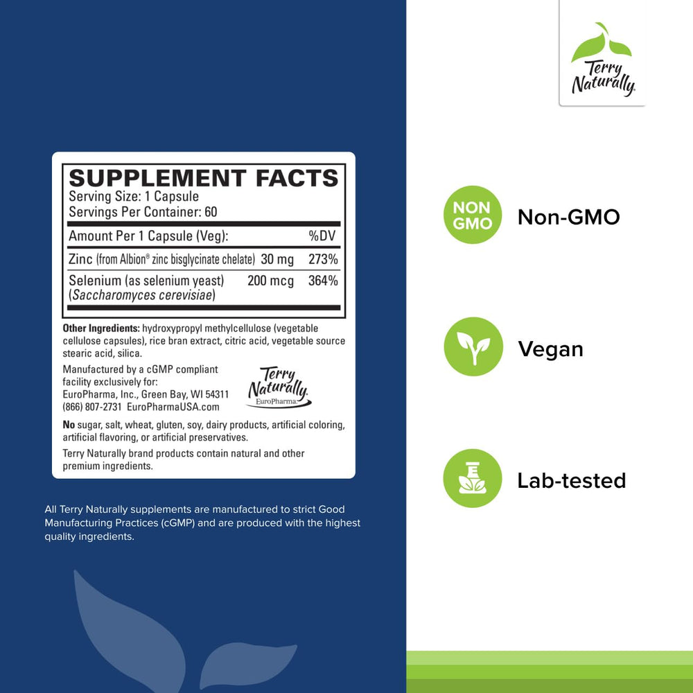 Terry Naturally Zinc Plus Selenium capsules close-up emphasizing chelated minerals.