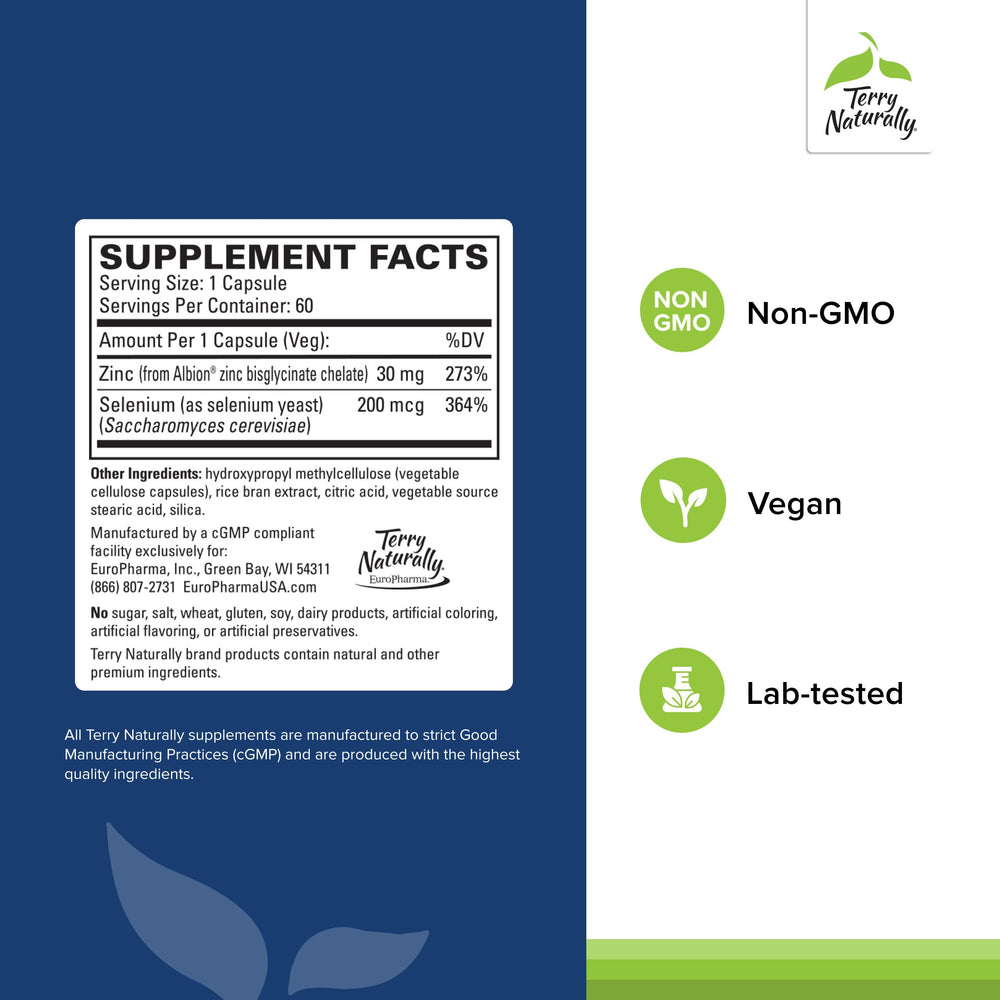 Closeup of Terry Naturally Zinc Plus Selenium capsules for daily cell health