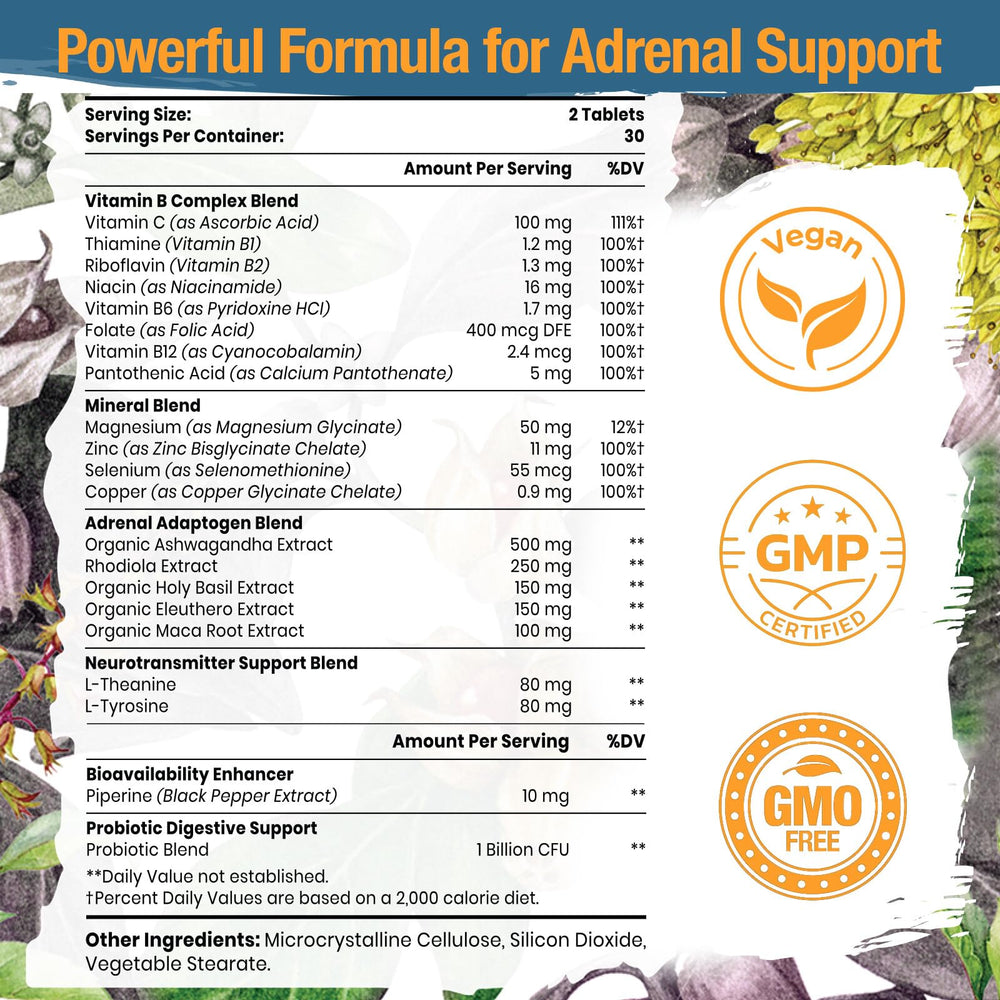 Tervaies Adrenal Support back label highlights ingredients and quality.