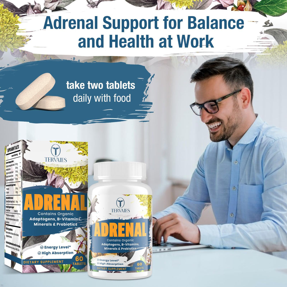 Tervaies Adrenal Support packaging on shelf showing gluten-free, GMP quality.