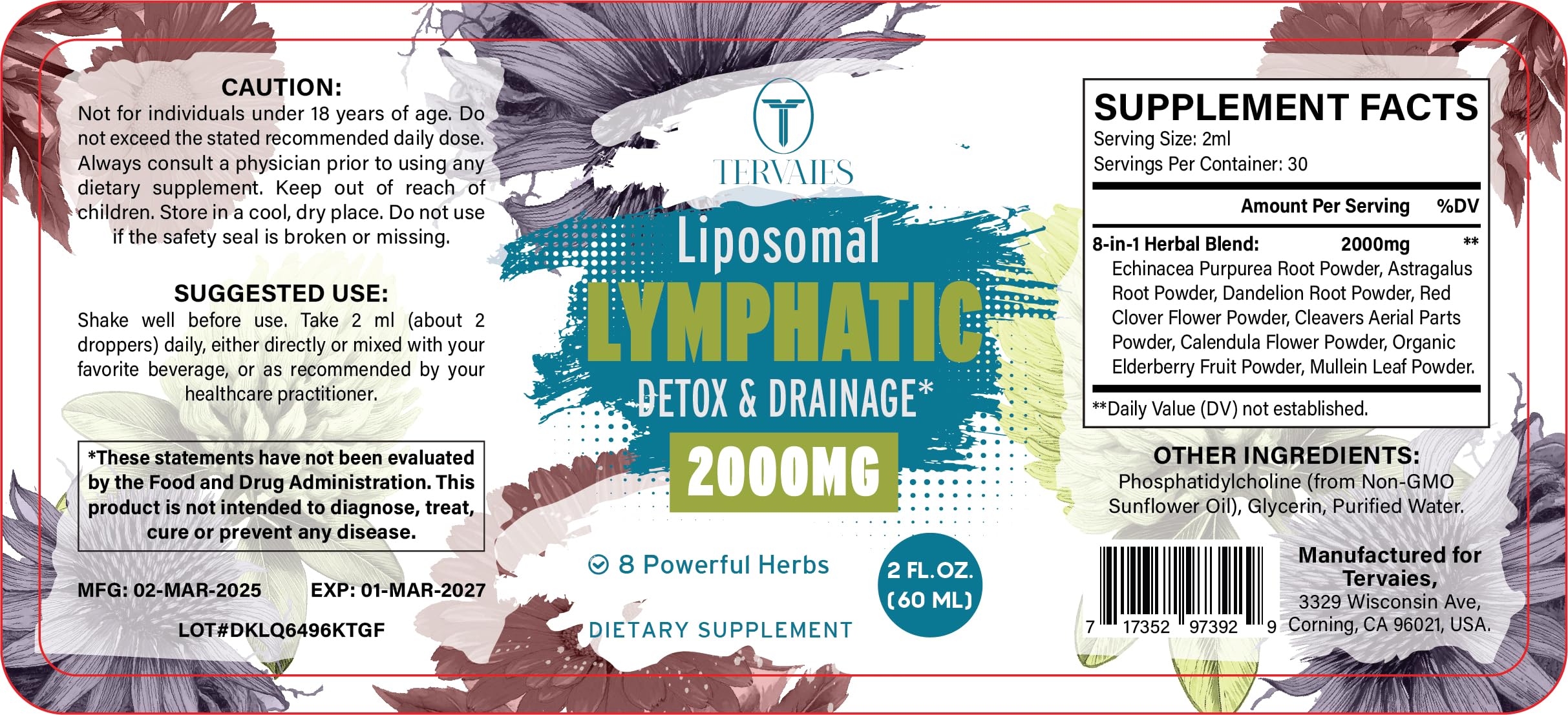 Tervaies Liposomal Lymphatic Drops ingredients panel emphasizing clean plant-based blend
