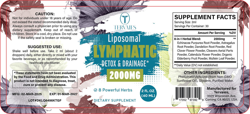 Tervaies Liposomal Lymphatic Drops ingredients panel emphasizing clean plant-based blend