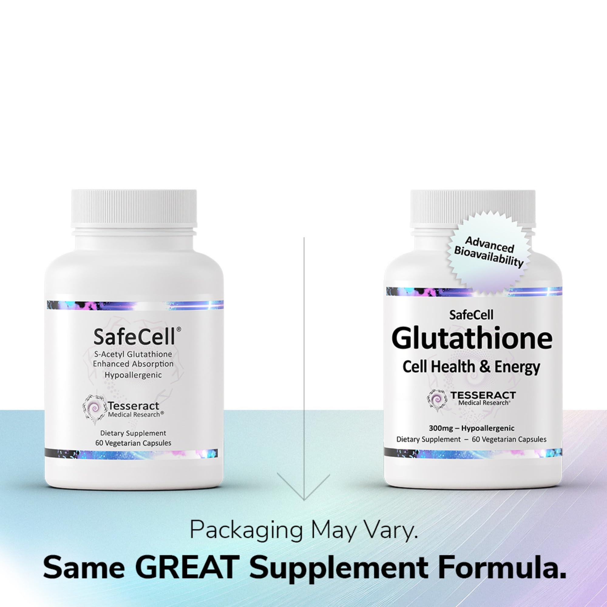 Closeup of Tesseract SafeCell capsules highlighting vegan, hypoallergenic formula