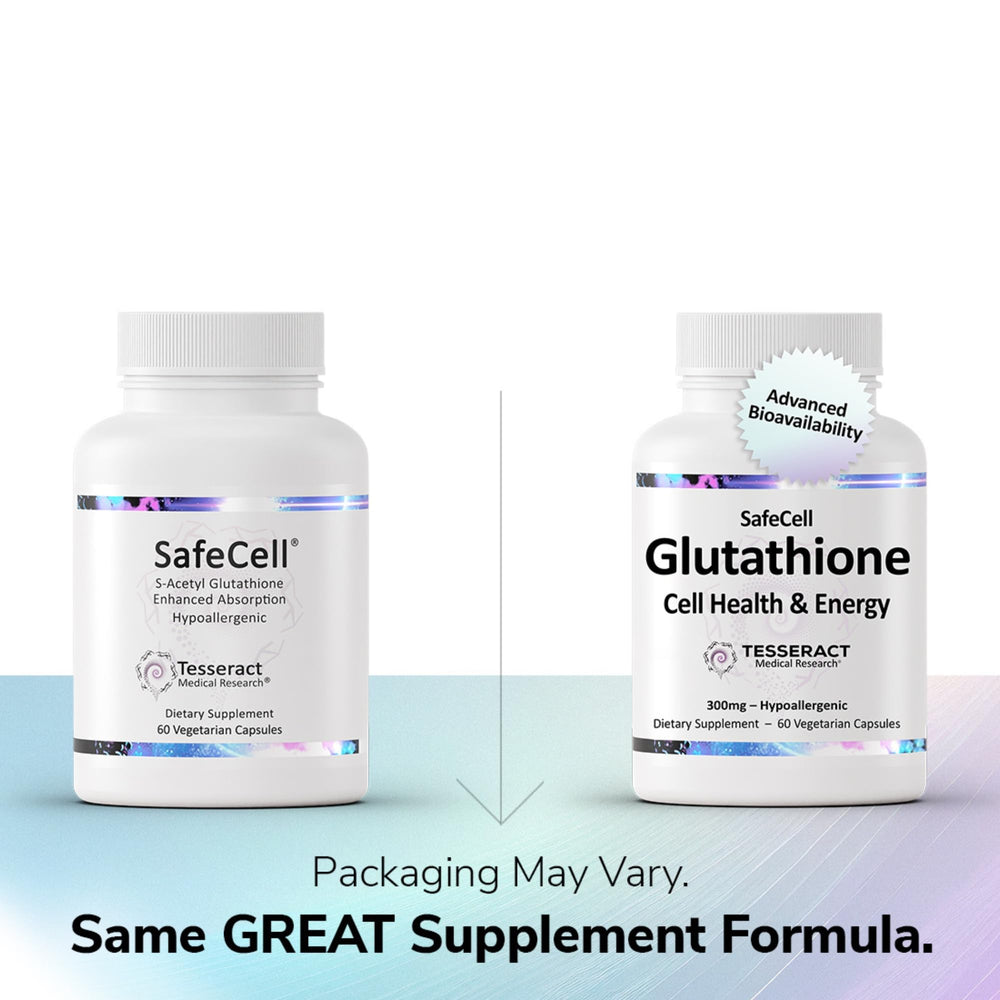 Closeup of Tesseract SafeCell capsules highlighting vegan, hypoallergenic formula