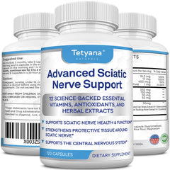 Tetyana Naturals Advanced Sciatic Support bottle for convenient daily nerve health.
