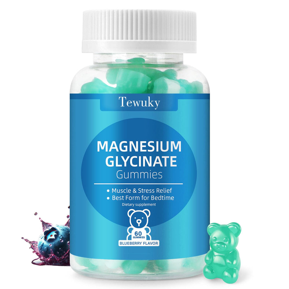 Tewuky Magnesium Glycinate Gummies bottle with blueberry flavor for daily relaxation