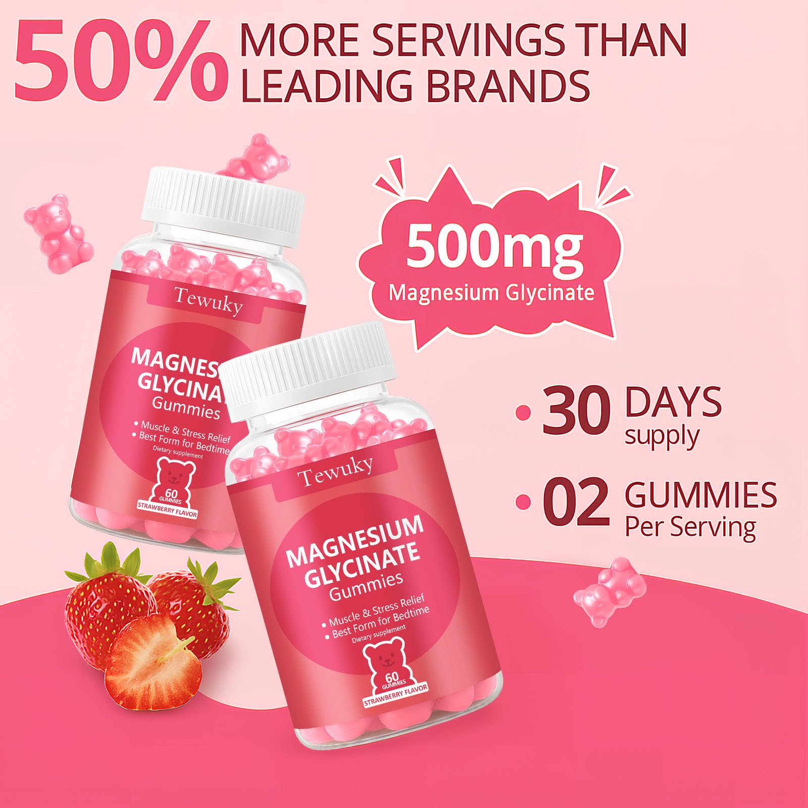 Tewuky Magnesium Glycinate Gummies bottle with kid-friendly design and non-GMO vegan formula
