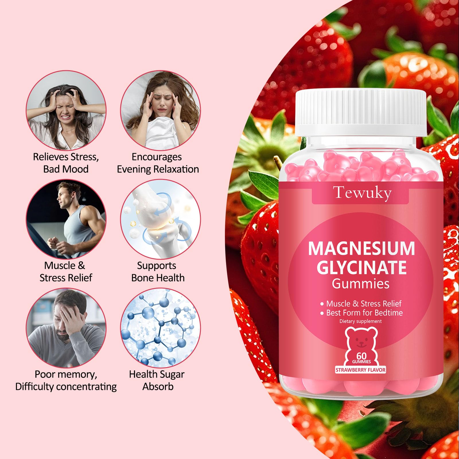 Tewuky Magnesium Glycinate Gummies nutrition panel highlights vegan, gluten-free ingredients and pectin base
