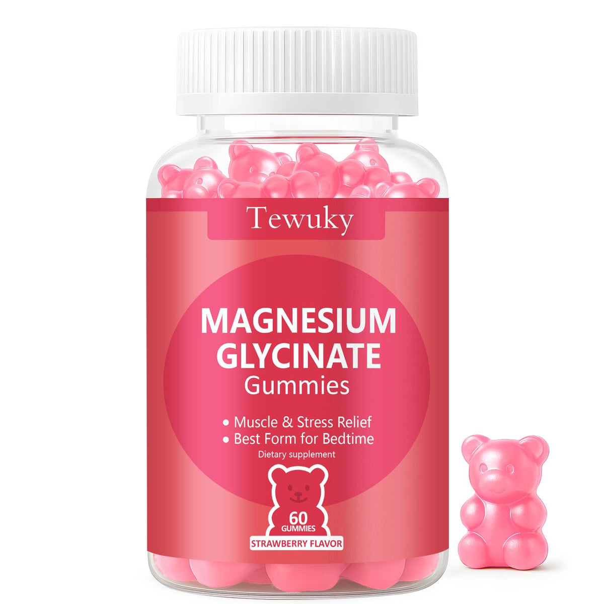 Tewuky Magnesium Glycinate Gummies strawberry bottle shows 500mg per serving for daily balance