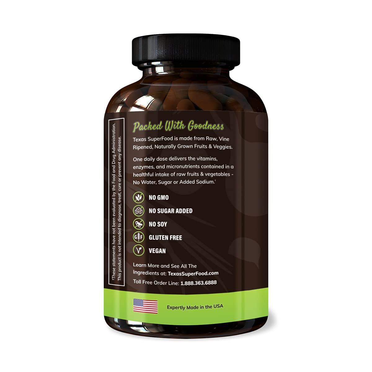 Texas SuperFood 180 capsules pack indicating convenient daily nutrition.
