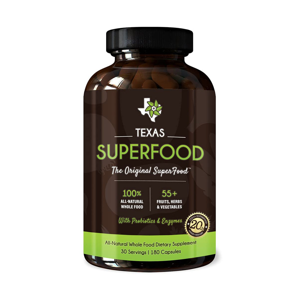 Texas SuperFood Original Capsules bottle with 55+ fruits and vegetables for daily energy.